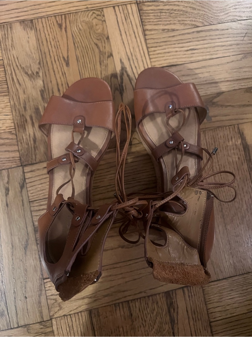 Coach Cognac Lace-Up Leather Heeled Sandals